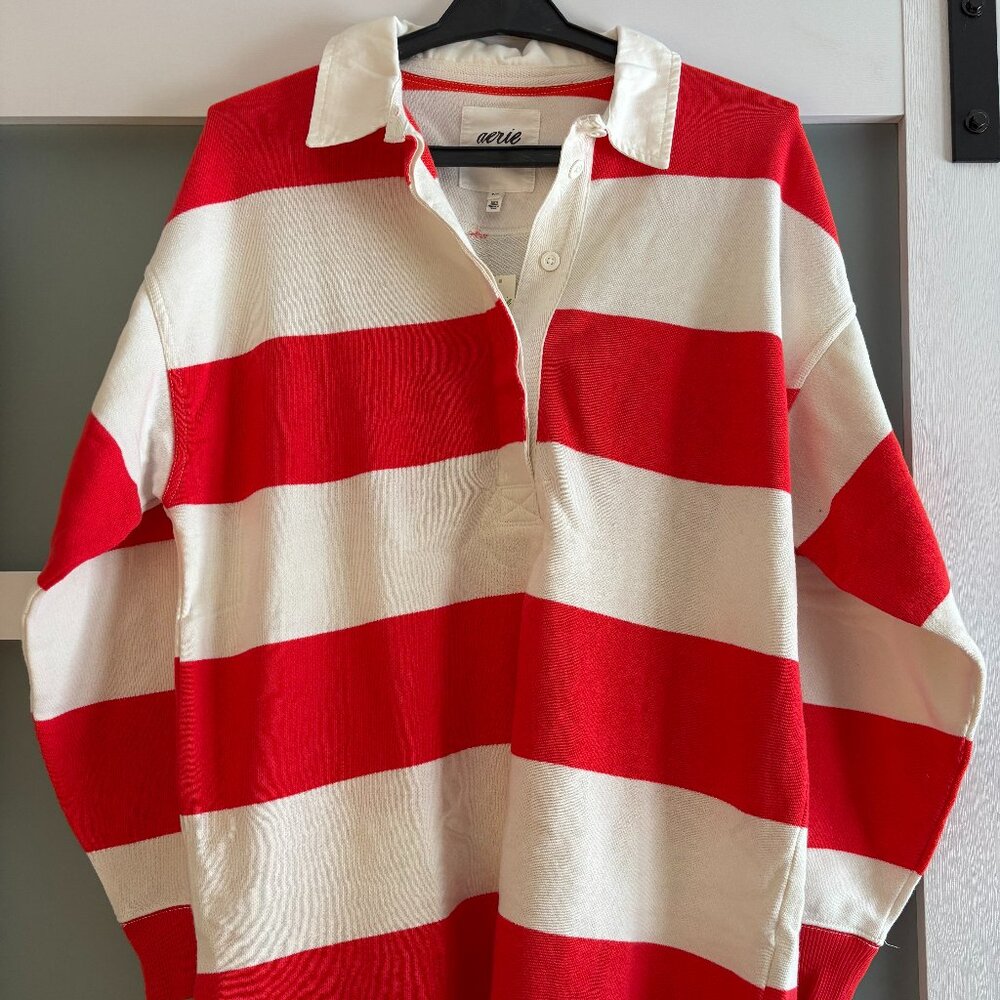 Aerie Oversized Striped Rugby Shirt Red White Collared Polo Long Sleeve Size S